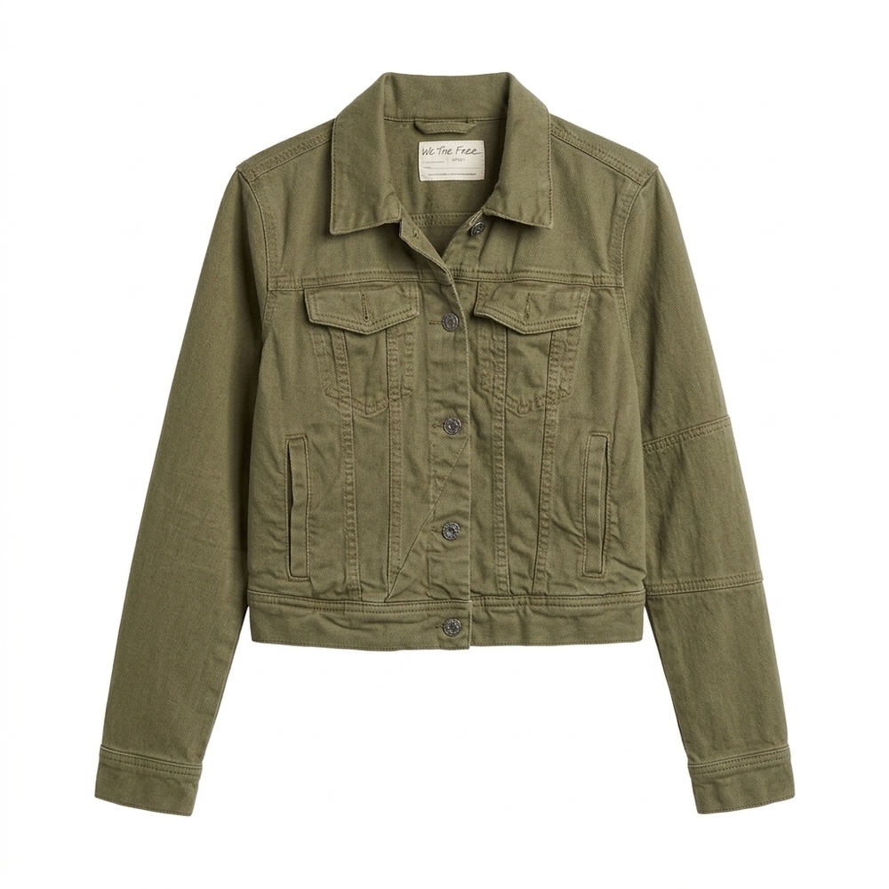 Free People We The Free Olive Green Cropped Denim Jacket Seamed Utility Trucker